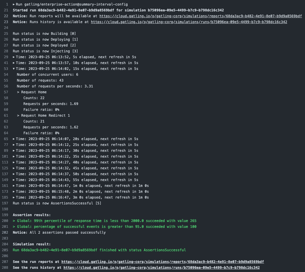A run's logs in the GitHub Actions console