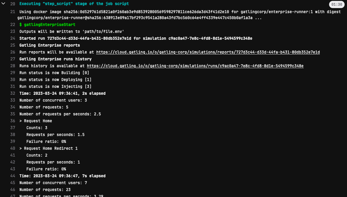 A run's logs in the GitLab CI/CD console (beginning)