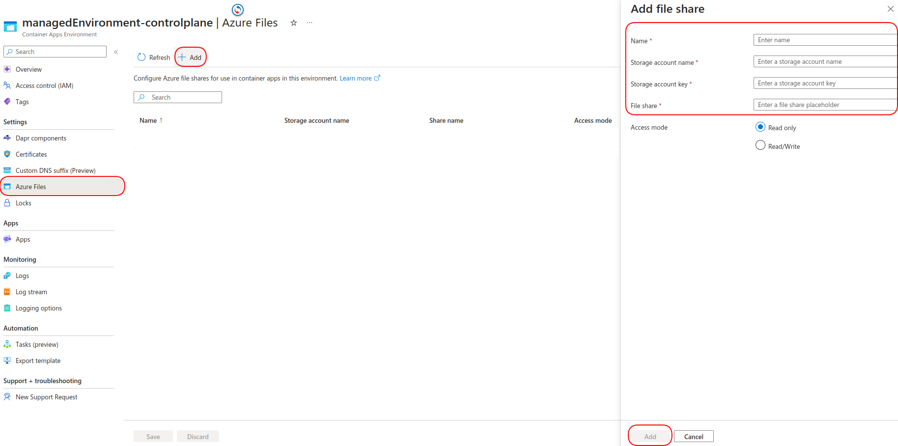 Configure file share in environment