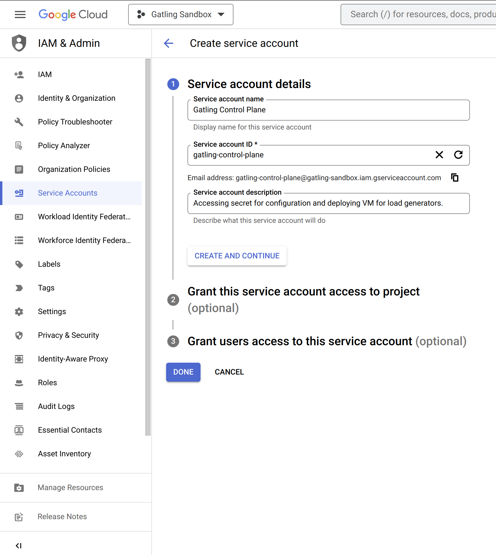 Service account details