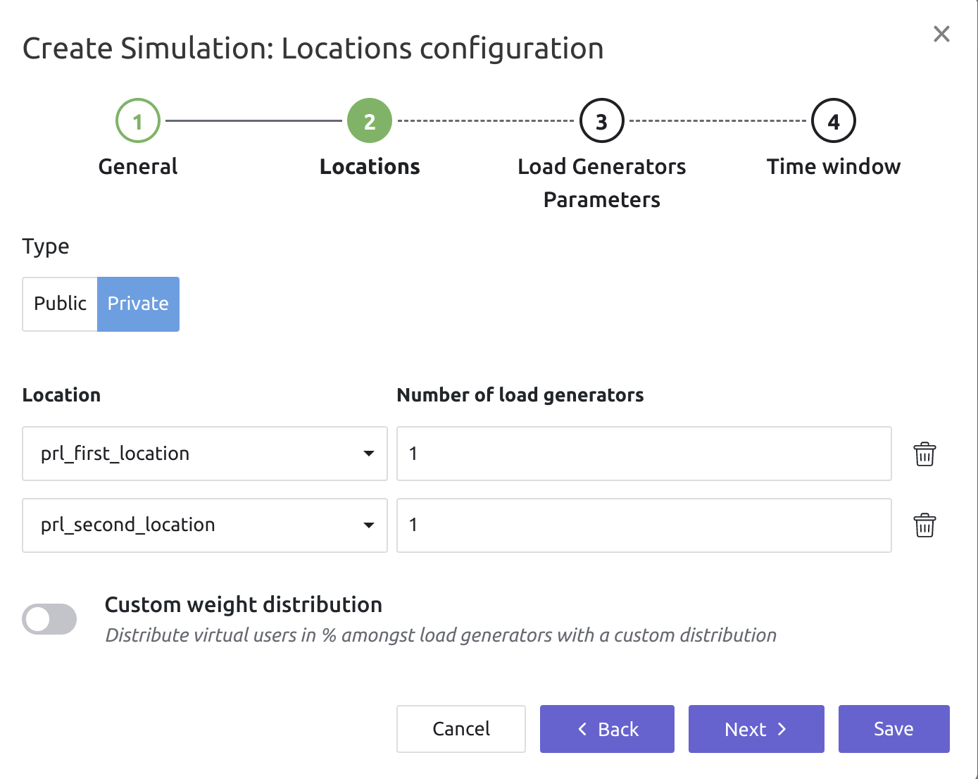 Simulation configuration of private locations