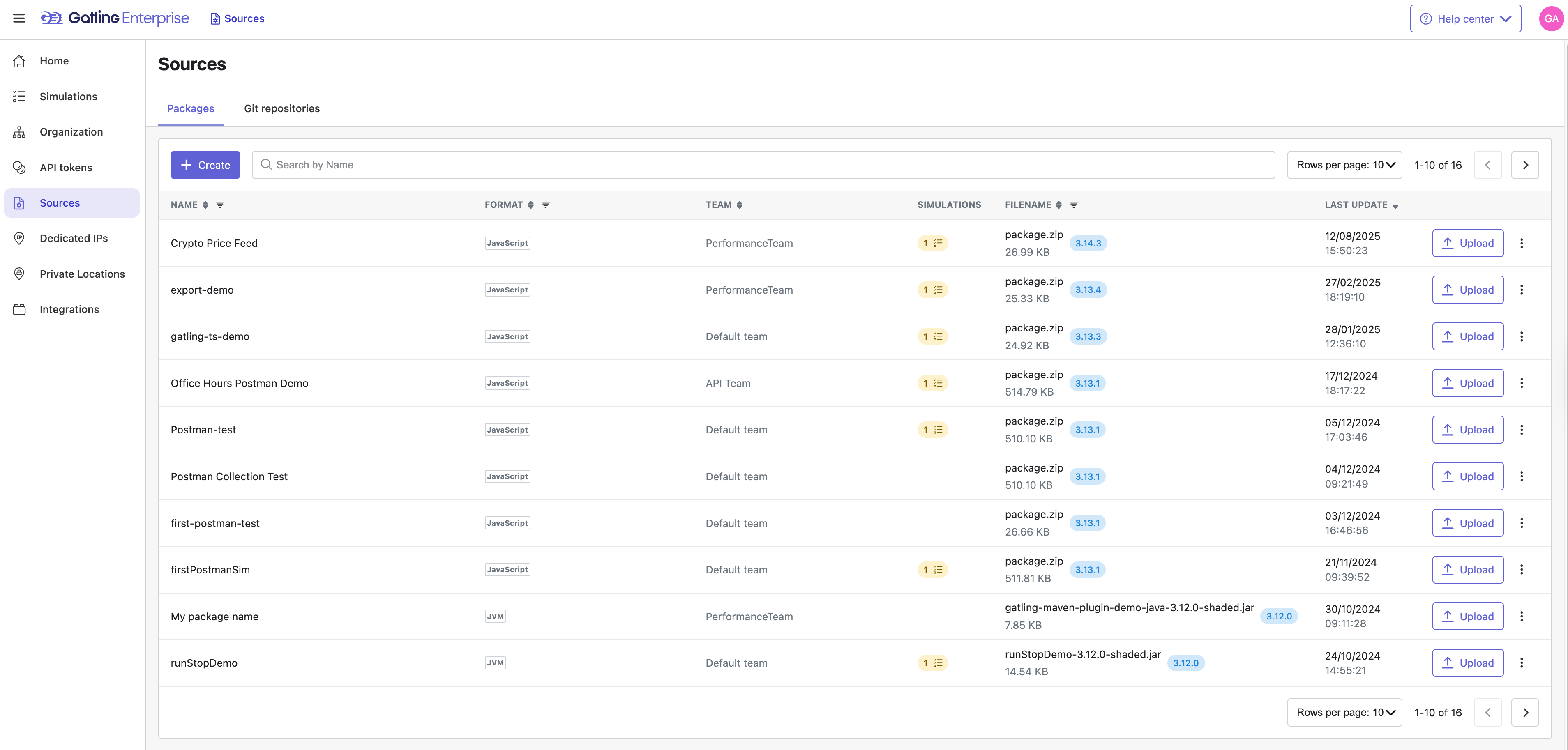 Overview of the Sources table in Gatling Enterprise
